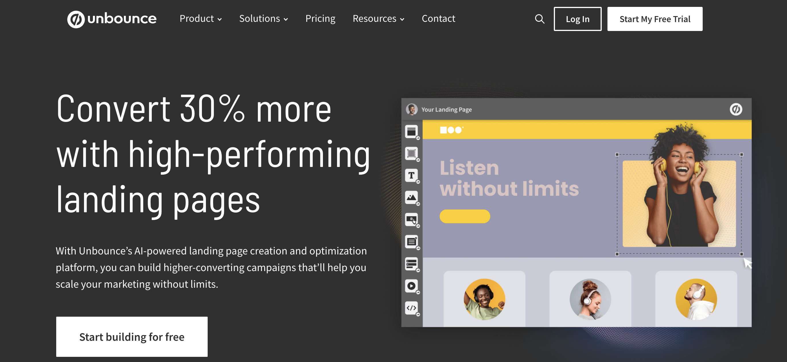 The homepage of landing page builder Unbounce