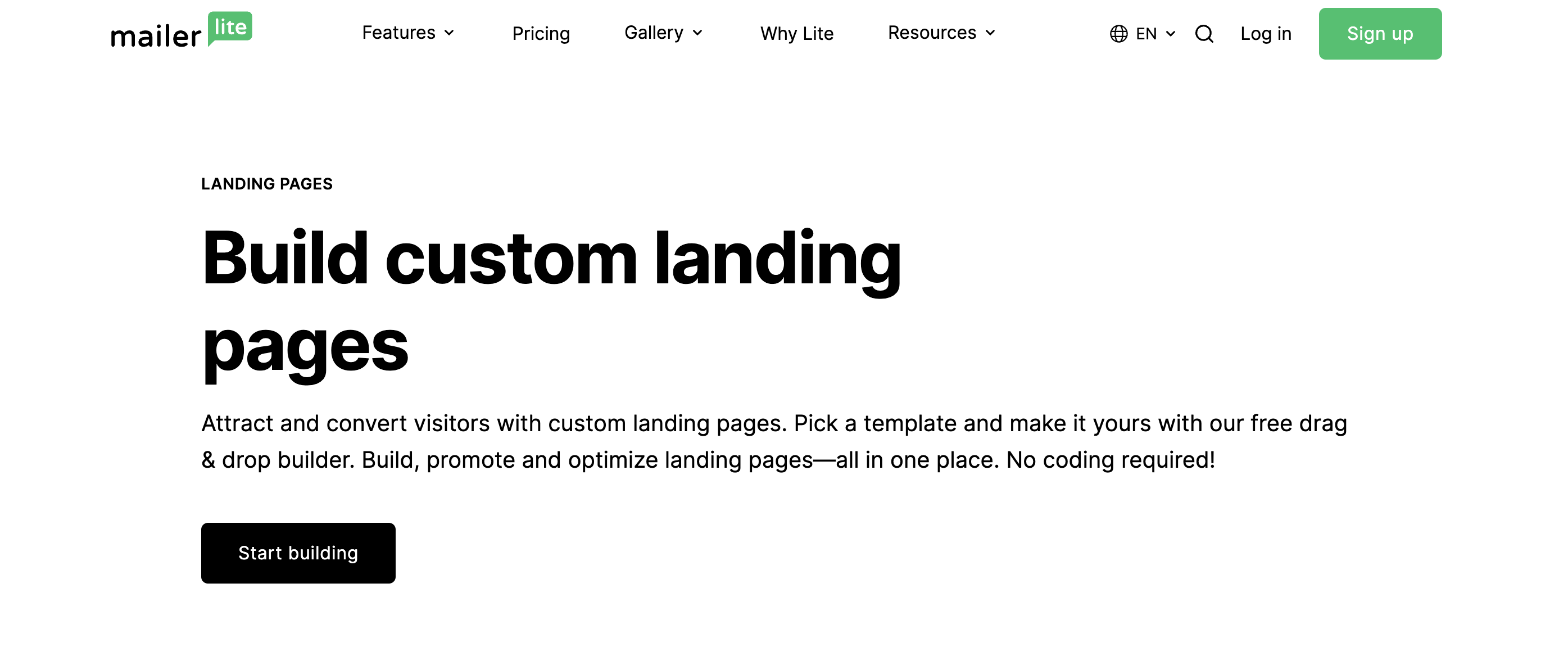 Home page for the landing page builder MailerLite