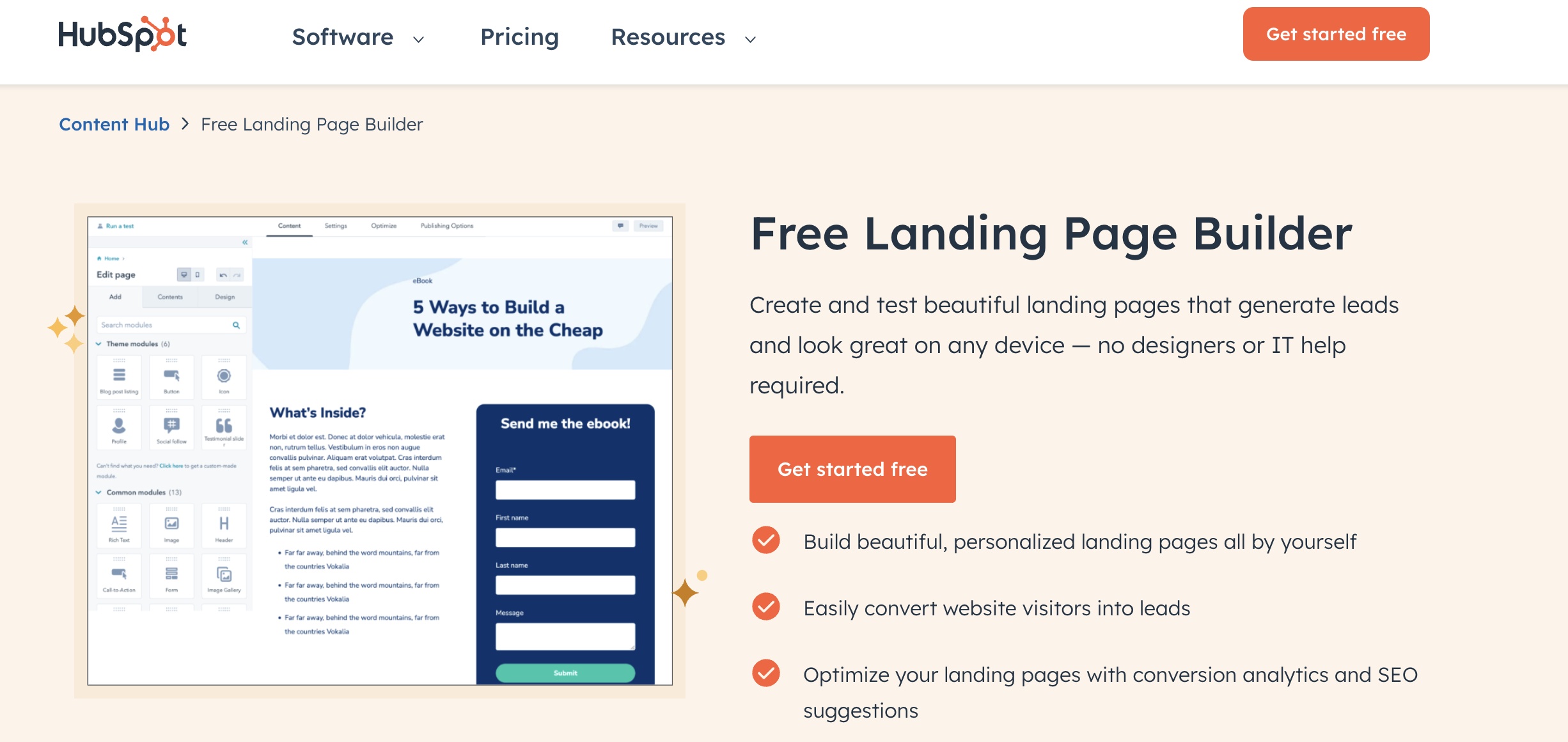 The home page for landing page builder HubSpot